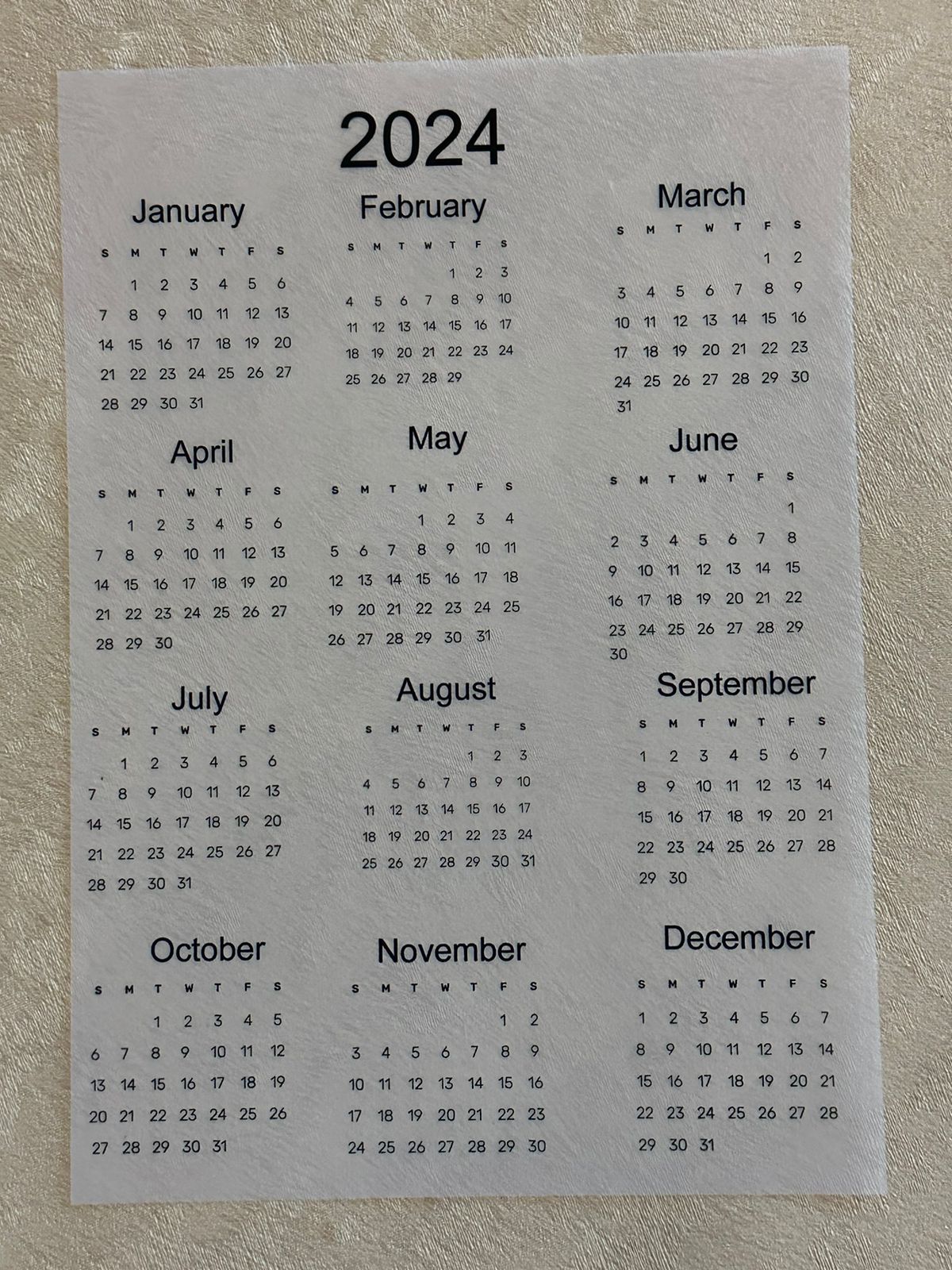 Calendar insert sheet 2024